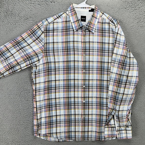 Hugo Boss Shirt Button Up Mens XL Light Blue Multi Plaid Regular Fit Long Sleeve